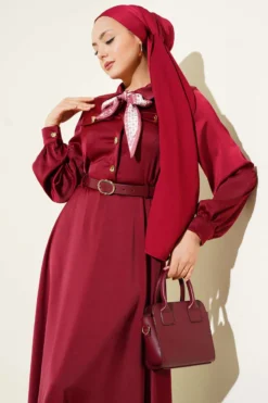 Satin Evening Dress with Scarf and Belt Burgundy wholesale dress view 2 - Hicabistan Turkey factory