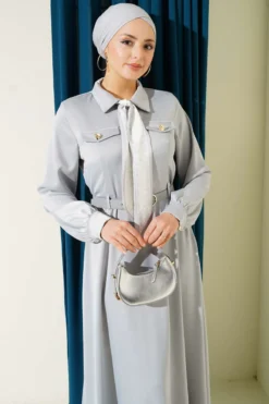 Satin Evening Dress with Scarf and Belt Grey wholesale dress view 2 - Hicabistan Turkey factory