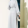 Satin Evening Dress with Scarf and Belt Grey al por mayor dress view 3 - Hicabistan fábrica Turquía