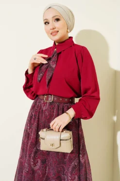 Fularlı Retro Pattern Chiffon Skirt Set Burgundy wholesale clothing set view 2 - Hicabistan Turkey factory