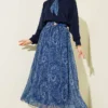 Fularlı Retro Pattern Chiffon Skirt Set Navy Blue