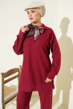 Alternative view of Knit Two-Piece Set with Scarf Burgundy