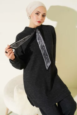 Alternative view of Knit Two-Piece Set with Scarf Black