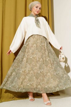 Ethnic Patterned Skirt Set with Scarf Khaki