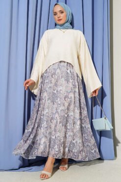 Ethnic Patterned Skirt Set with Scarf Blue
