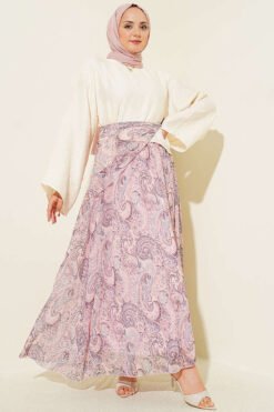 Ethnic Patterned Skirt Set with Scarf Pink