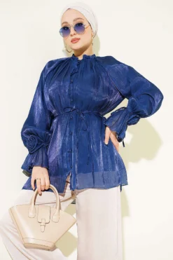 Buttoned Dress Shirt with Rose Detail Navy Blue