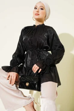 Buttoned Dress Shirt with Rose Detail Black