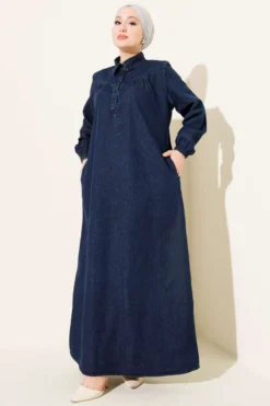Shirt Collar Buttoned Denim Dress Navy Blue wholesale dress - Hicabistan Turkey factory