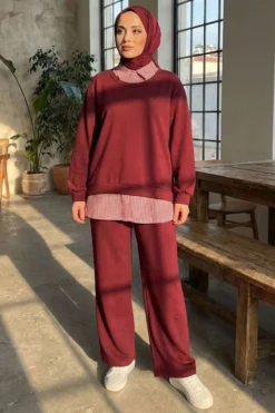 Shirt Collar Two-Piece Set Burgundy