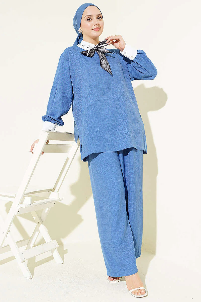 Shirt Collar Stone Embellished Loose Two-Piece Set Indigo groothandel clothing set - Hicabistan Turkije fabriek