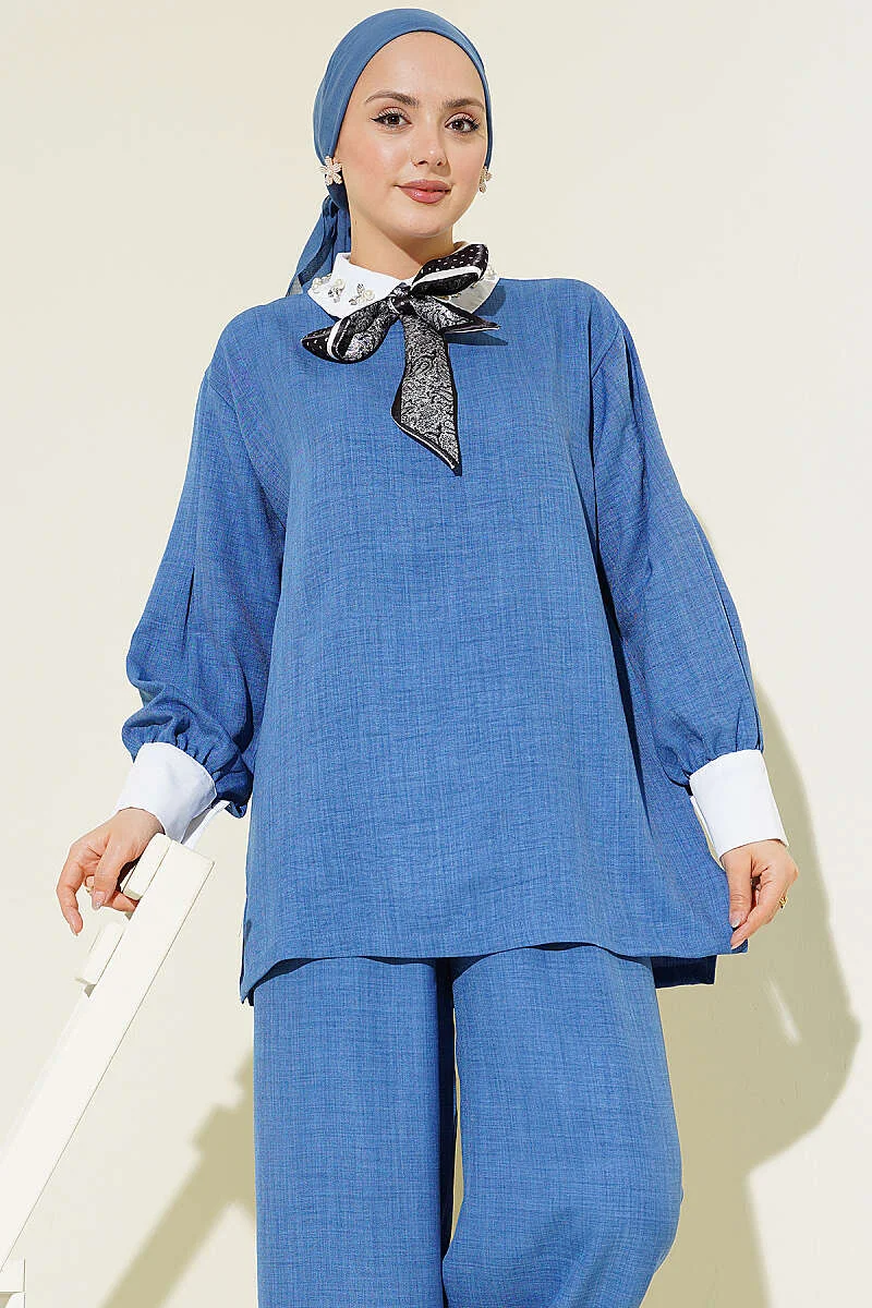 Shirt Collar Stone Embellished Loose Two-Piece Set Indigo groothandel clothing set view 2 - Hicabistan Turkije fabriek