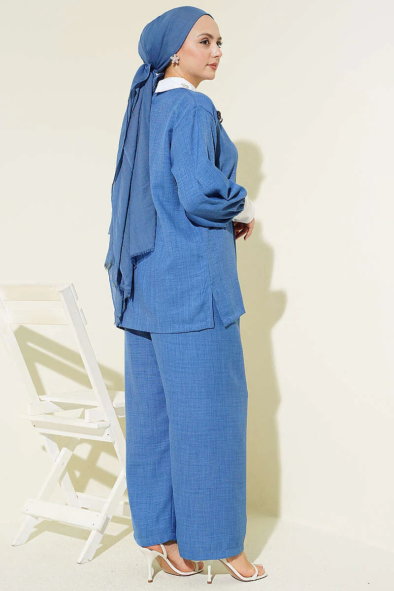 Shirt Collar Stone Embellished Loose Two-Piece Set Indigo groothandel clothing set view 3 - Hicabistan Turkije fabriek