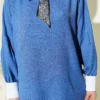 Shirt Collar Stone Embellished Loose Two-Piece Set Indigo groothandel clothing set view 4 - Hicabistan Turkije fabriek