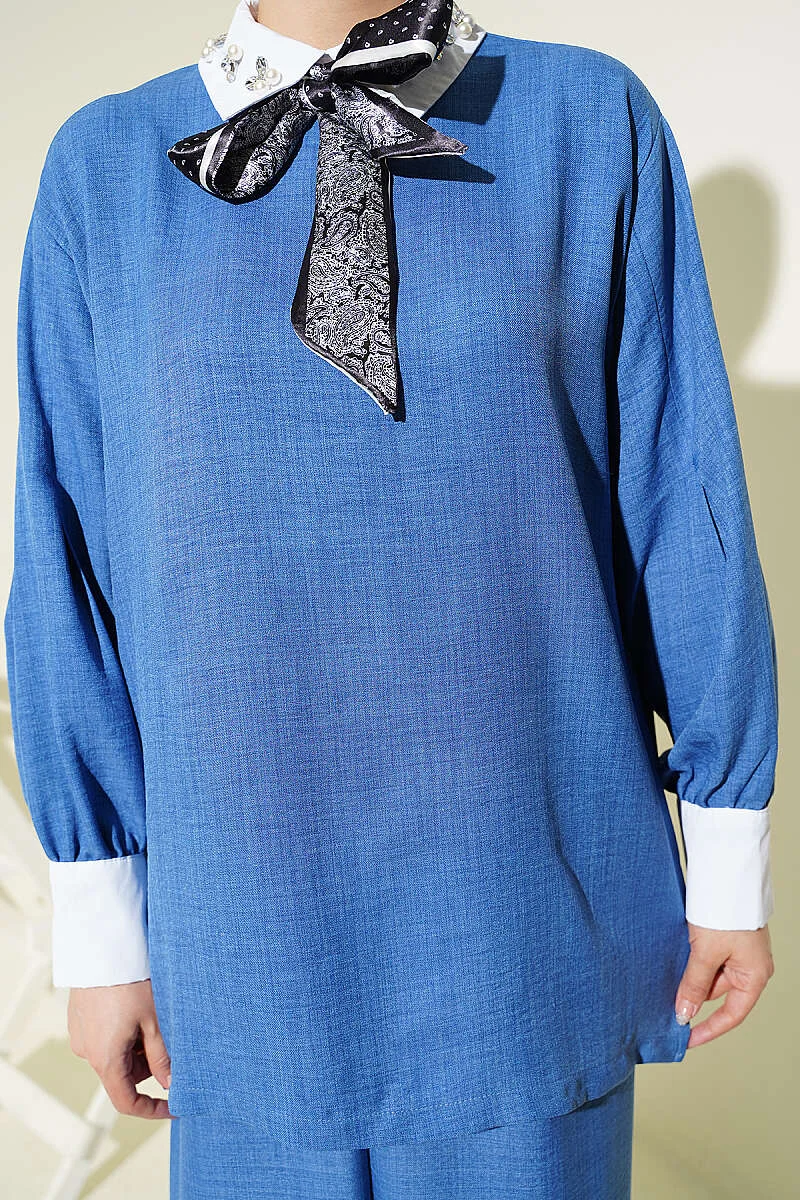 Shirt Collar Stone Embellished Loose Two-Piece Set Indigo groothandel clothing set view 4 - Hicabistan Turkije fabriek