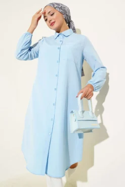 Shirt Collar Single Pocket Long Shirt Baby Blue Großhandel shirt - Hicabistan Türkei Fabrik