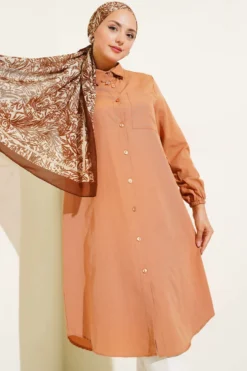 Shirt Collar Single Pocket Long Shirt Camel Großhandel shirt - Hicabistan Türkei Fabrik