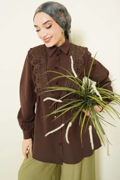 Lace-Up Blouse Brown groothandel shirt - Hicabistan Turkije fabriek