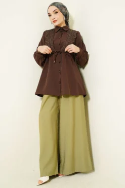 Lace-Up Blouse Brown groothandel shirt view 2 - Hicabistan Turkije fabriek