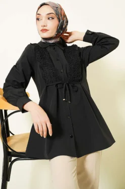 Lace-Up Blouse Black groothandel shirt - Hicabistan Turkije fabriek