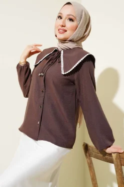 Lace Sailor Collar Short Shirt Brown