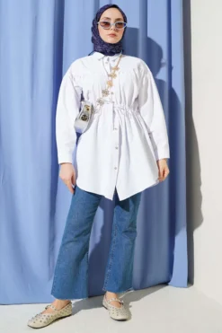 Gathered Waist Tunic Shirt White all'ingrosso shirt view 2 - Hicabistan fabbrica Turchia
