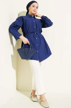 Gathered Waist Tunic Shirt Navy Blue all'ingrosso shirt view 2 - Hicabistan fabbrica Turchia
