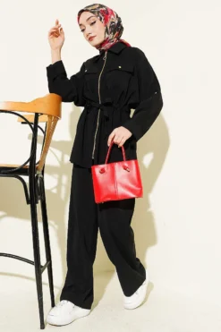 Pocketed Waist Tunic Modal Set Black