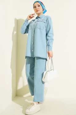 Chest Pocket Drop Beaded Denim Set Blue