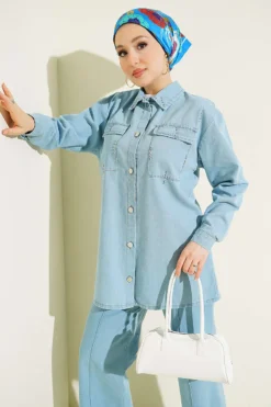 Alternative view of Chest Pocket Drop Beaded Denim Set Blue