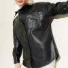 Chest Pocket Snap Button Leather Shirt Black