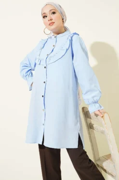 Ruffled Detail Shirt Blue en gros shirt - Hicabistan usine Turquie