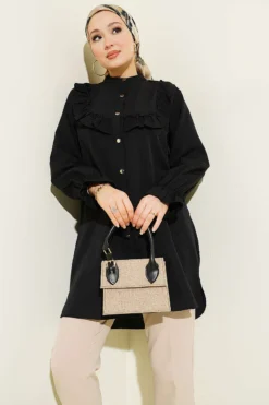 Ruffled Detail Shirt Black en gros shirt - Hicabistan usine Turquie