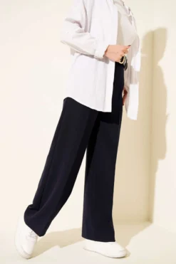 Wide Belted Loose Pants Navy Blue