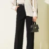 Wide Leg Belted Button Pants Black