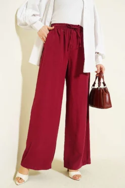 Wide-Leg Elastic Tencel Pants Burgundy