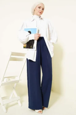 Alternative view of Wide-Leg Elastic Tencel Pants Navy Blue