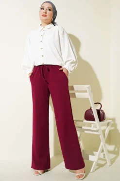 Alternative view of Wide Leg Drawstring Waist Pants Burgundy