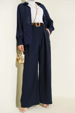Wide Pleat Detailed Fabric Trousers Navy Blue