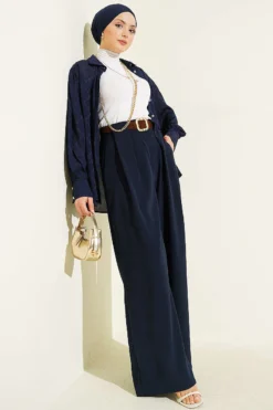 Alternative view of Wide Pleat Detailed Fabric Trousers Navy Blue