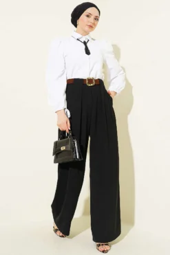 Alternative view of Wide Pleat Detailed Fabric Trousers Black