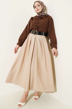 Pleated Skirt with Wide Belt Detail Beige بالجملة skirt view 2 - Hicabistan مصنع تركيا