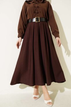 Pleated Skirt with Wide Belt Detail Brown wholesale skirt - Hicabistan Turkey factory