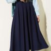 Pleated Skirt with Wide Belt Detail Navy Blue