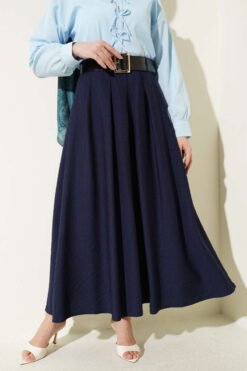 Pleated Skirt with Wide Belt Detail Navy Blue all'ingrosso skirt - Hicabistan fabbrica Turchia