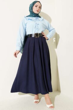 Pleated Skirt with Wide Belt Detail Navy Blue all'ingrosso skirt view 2 - Hicabistan fabbrica Turchia