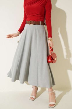 Wide Belted Zipper Skirt Grey