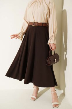 Wide Belted Zipper Skirt Brown