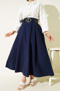 Wide Belted Pleated Tencel Skirt Navy Blue wholesale skirt - Hicabistan Turkey factory