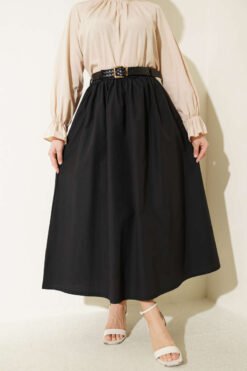 Wide Belted Poplin Skirt Black wholesale skirt - Hicabistan Turkey factory